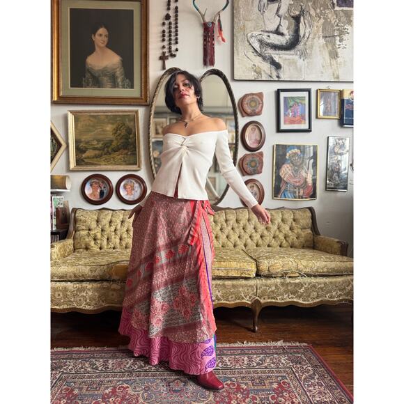 Pink Polyester Paisley Multi Print Layered Wrap Skirt Size One Kind Fits Most - Picture 5 of 12